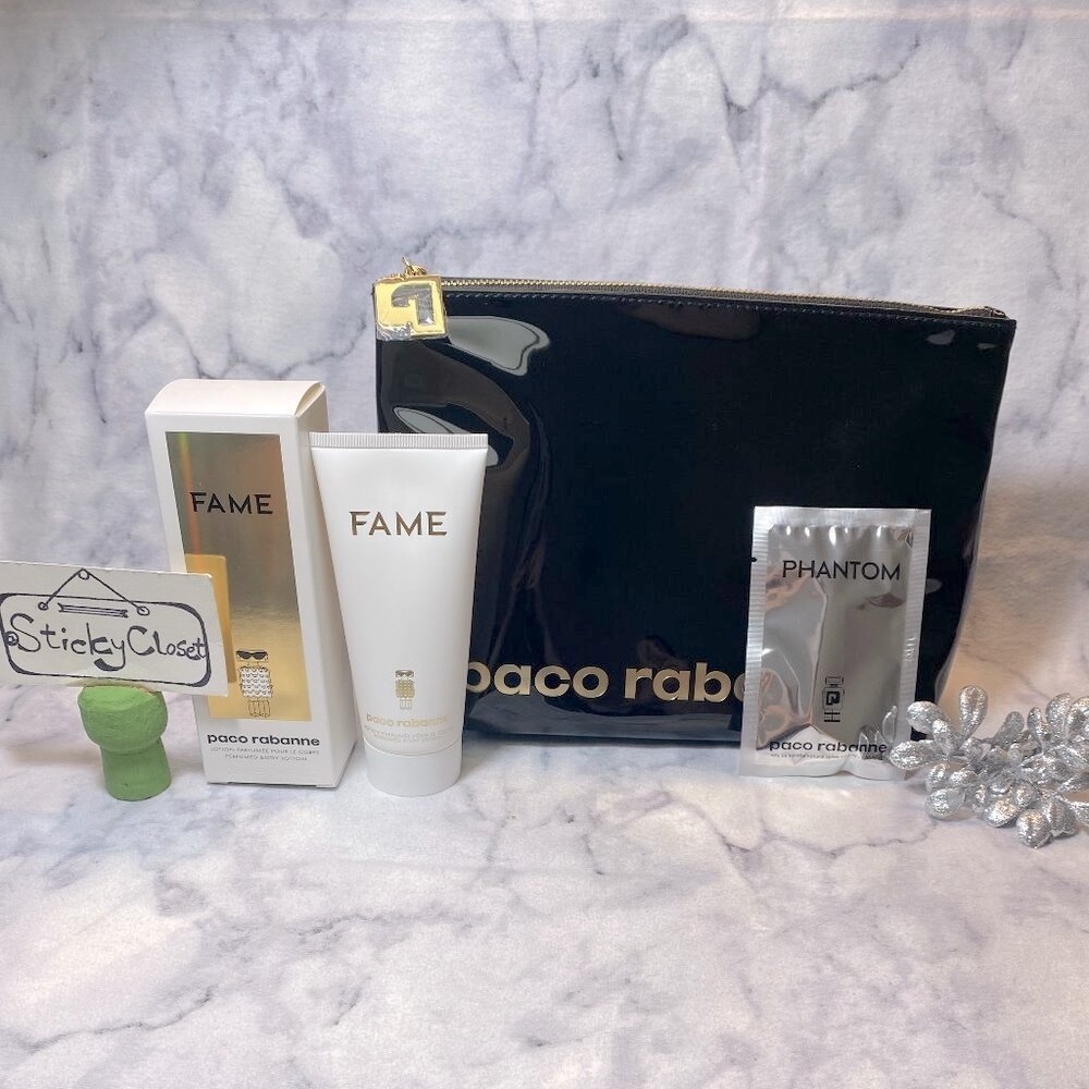 Paco Rabanne Set-Black Pouch,Fame Lotion,Phantom Spray-100ml,1.5ml-3pc-BOX-NEW